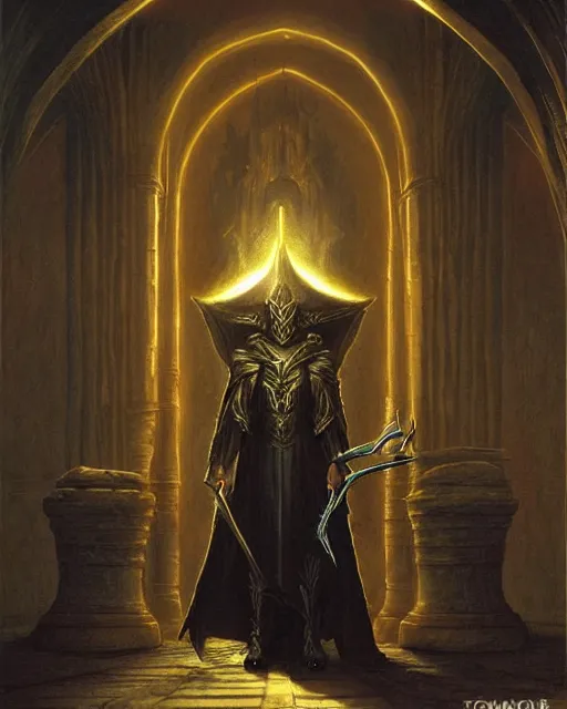 Image similar to A dark mage. He is wearing mage armor and a crown. He is frowning seriously. He is preparing to cast a dark spell. He is standing in a wizards room. Award winning realistic oil painting by Thomas Cole and Wayne Barlowe