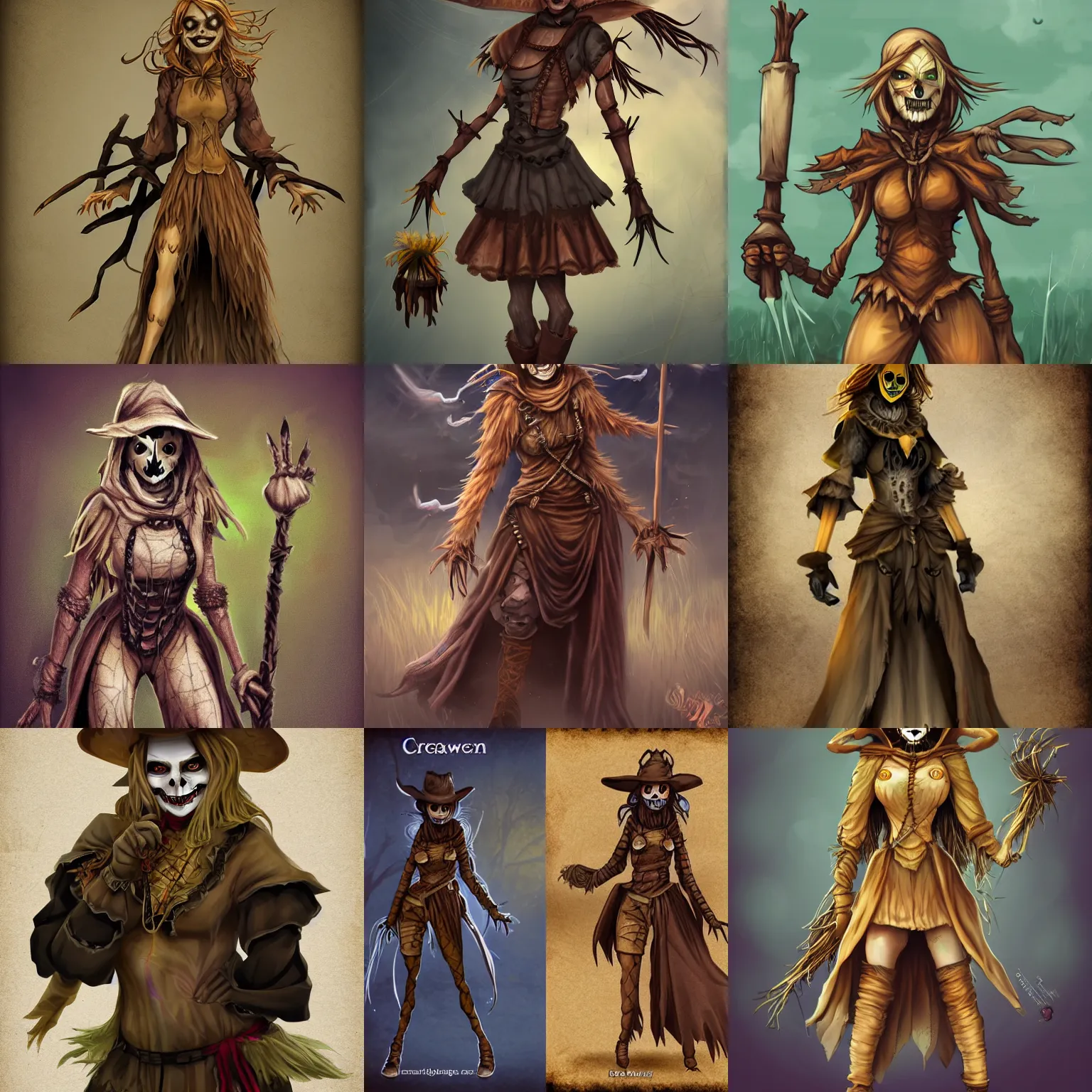 Prompt: scary female scarecrow, D&D character concept