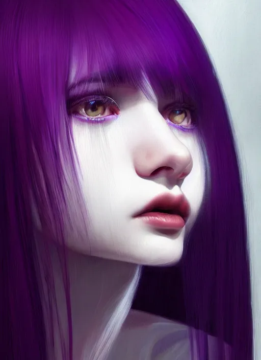 Image similar to hair whitebangs hair, black hair, whitebangs, portrait of teenage girl with white bangs, red irises, purple clothes, white bangs, bangs are different color from hair, intricate, elegant, glowing lights, highly detailed, digital painting, artstation, concept art, smooth, sharp focus, illustration, art by wlop, mars ravelo and greg rutkowski