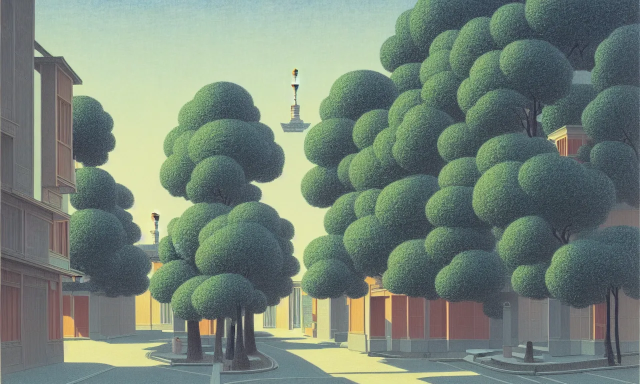 Image similar to an achingly beautiful print of a quiet street in Tokyo Japan with temples and plants, by Raphael, Hopper, and Rene Magritte. detailed, romantic, enchanting, trending on artstation.