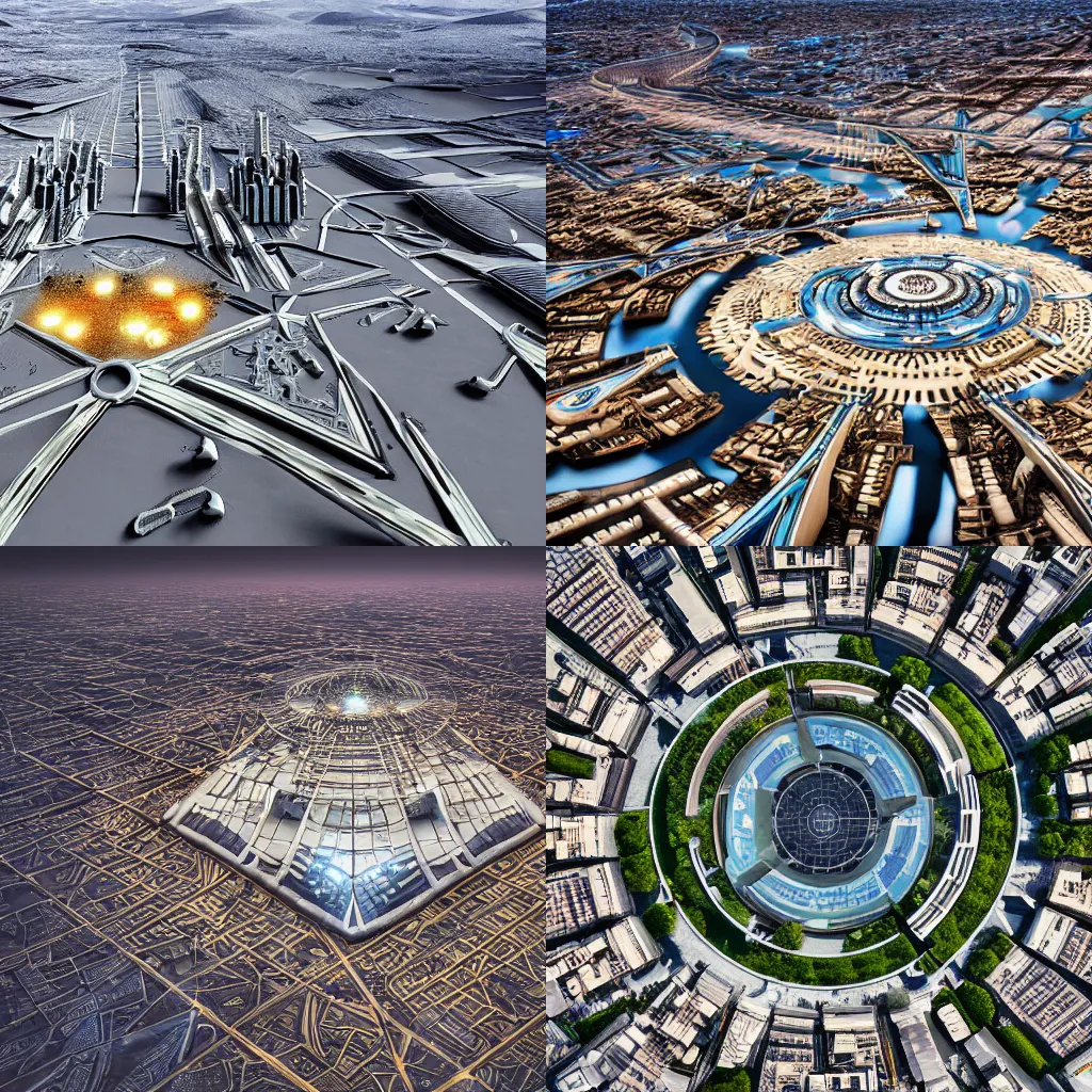 Prompt: mysterious futuristic high - tech city in the middle of a desert, fantasy, high detail, realistic, top view, wide angle, professional photograph, award winning