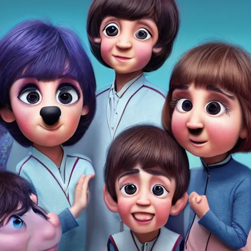 Image similar to a portrait of the beatlesn as pixar characters, beautiful, elegant, extremely detailed digital art, trending on artstation hyper realistic matte painting, by wlop, artgerm