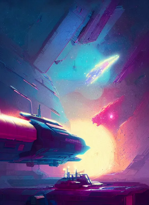 Prompt: starship freighter, greeble, colored nebula by luigi cozzi, by ismail inceoglu