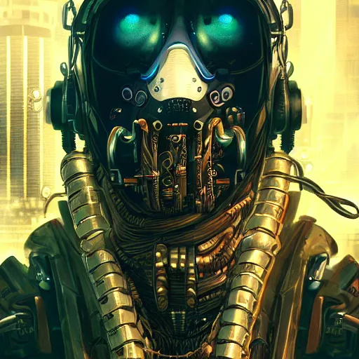 Image similar to cybernetic hunter, cyberpunk, wires, skulls, machines gutter punk steampunk cyborg, yakuza, golden ratio, details, scifi, fantasy, cyberpunk city, intricate, decadent, highly detailed, octane render, digital painting, artstation, concept art, sharp focus, illustration, art by artgerm, loish, wlop