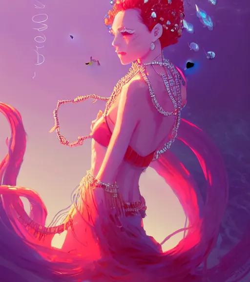 Image similar to portrait of a beautiful queen of the ocean with coral jewelry in complex and shiny dress made by jellyfish, by ross tran and atey ghailan, by greg rutkowski, by greg tocchini, by james gilleard, by joe fenton, by kaethe butcher, dynamic lighting, grunge aesthetic