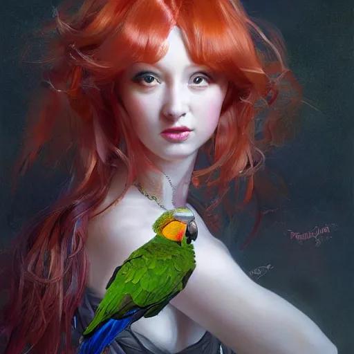 Prompt: A masterpiece portrait of a copper princess menacing girl with tall green amazing victorian wig with parrot wings. trending on artstation, digital art, by Stanley Artgerm Lau, WLOP, Rossdraws, James Jean, Andrei Riabovitchev, Marc Simonetti, Yoshitaka Amano