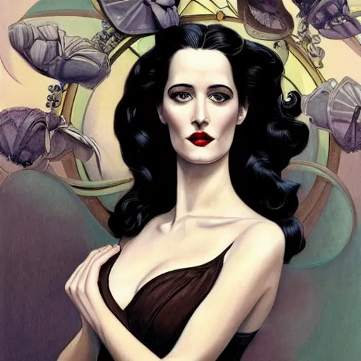 Image similar to a streamline moderne, art nouveau, multi - racial portrait of eva green in the style of charlie bowater, and in the style of donato giancola, and in the style of charles dulac. symmetry, ultrasharp focus, intricate symmetrical ultrafine streamline moderne background detail.