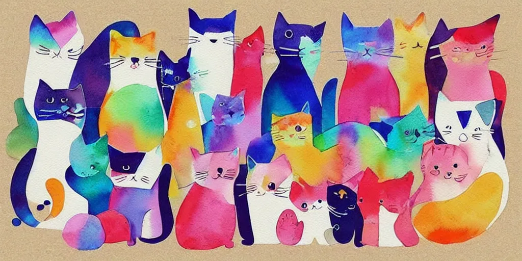 Image similar to watercolor illustration style, cute! cats!!! chose different coloured geometric toys, inspiring art