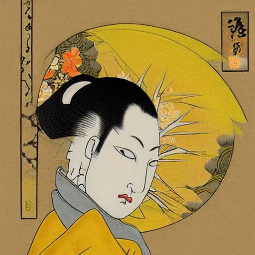 Image similar to A beautiful computer art of a creature that is neither man, nor beast. Ukiyo-e, pastel yellow by Karen Wallis fine