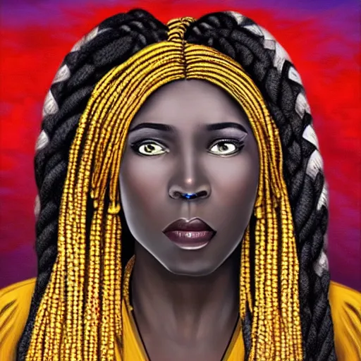 Prompt: african woman shaman, braids, golden clothes, realistic, hd,