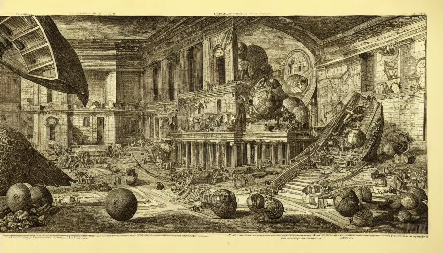 Image similar to a huge square with esoteric spheres, by piranesi, high quality, high detailed