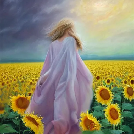 Image similar to a dreamy vision of girl slowly flying over amazing tall sunflower field, hair flowing, fog, early morning lightning, subtle, intricate details, real masterpiece, oil on canvas, by somsak anong