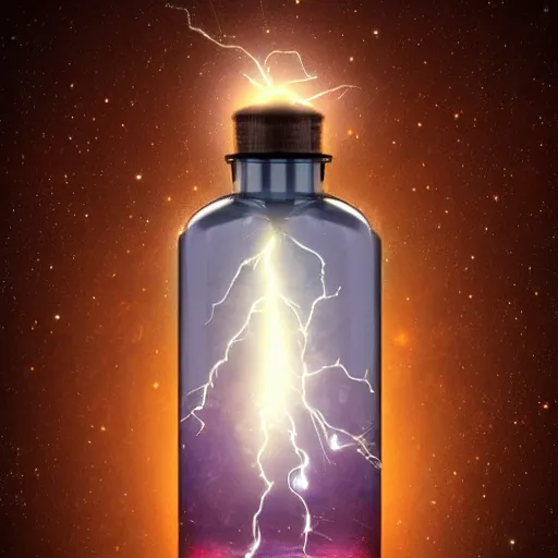 Prompt: digital realistic of Lightening in a bottle, cosmic energy, trending artstation 4k