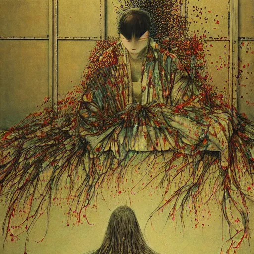 Image similar to realistic detailed image of an old cinema. Beksinski painting, part by Adrian Ghenie and Gerhard Richter. art by Takato Yamamoto. masterpiece