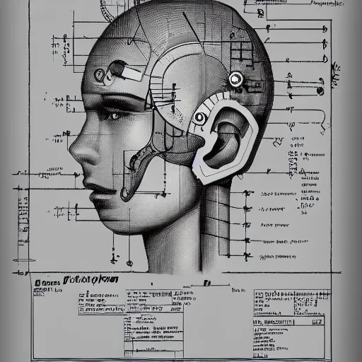 Prompt: schematic view of a steampunk human head, technical drawing, blueprint