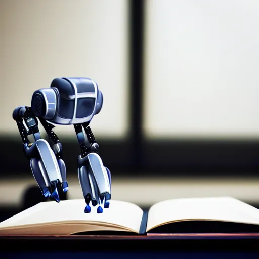 Prompt: photorealistic robot studying using a pen on a book, school chair and table, close shot, cinematic, ultra - detailed, 8 k,