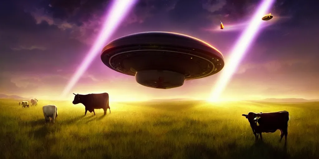 Image similar to a beautiful ufo abducting a cow from a field, beam of light, vivid colors, digital art, landscape, fantasy art, octane render, unreal engine, high detail, very realistic, by greg rutkowski. by james gurney