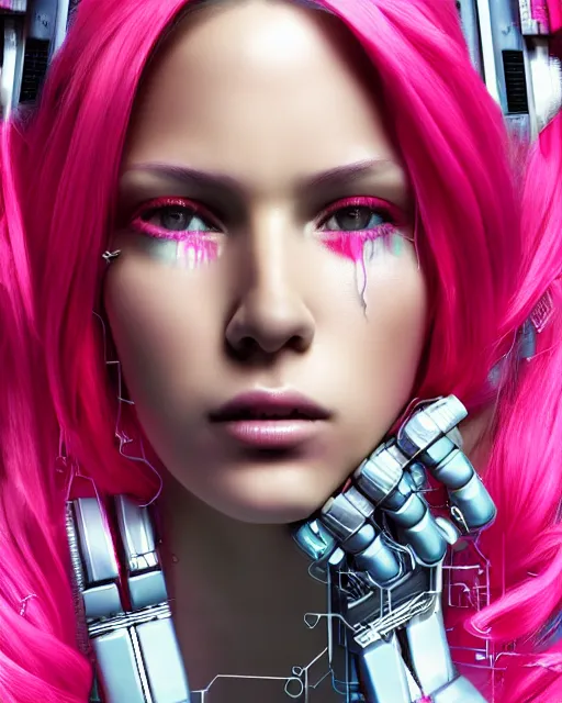 Prompt: portrait of a beautiful brazilin woman with pink hair as a cyberpunk cyborg half robot, revealing wires and electronics, hooked - up, sci - fi, missing panels, intricate abstract upper body intricate artwork, concept art, octane render, deviantart, cinematic, key art, hyperrealism, iridescent accents, portrait photograph, nikon 3 5 mm, photograph by greg rutkowski