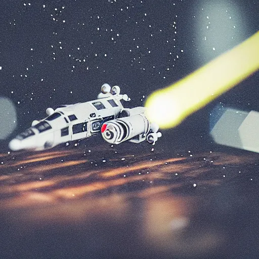 Image similar to luke skywalker, X wing starfighter, bokeh, macro photography