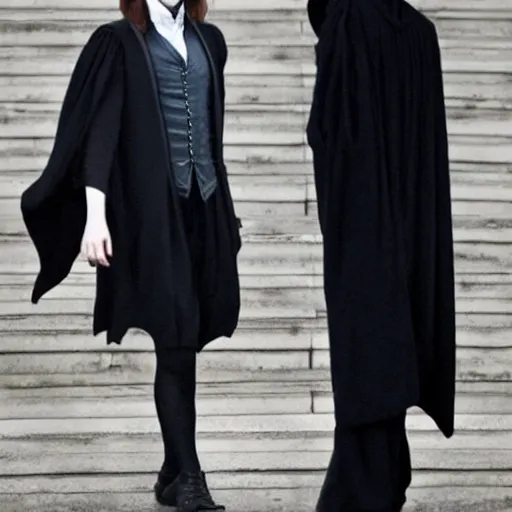 Prompt: Photo of Emma Watson as Professor Severus Snape, full body shot