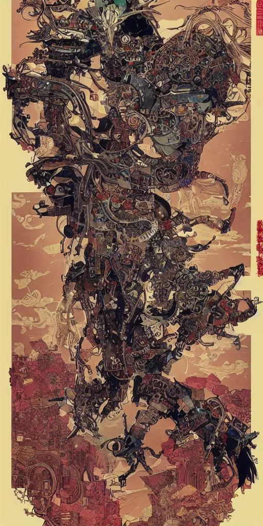 Image similar to cyberpunk oimmortal beast from chinese mythology cyborg portrait, illustration, pop art, splash painting, art by geof darrow, ashley wood, alphonse mucha, makoto shinkai