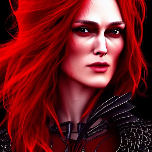 Prompt: beautiful female mage with red hair, keira knightley, black clothing, dark feathered wings, intricate, highly detailed face, trending on artstation, dramatic lighting, 4 k