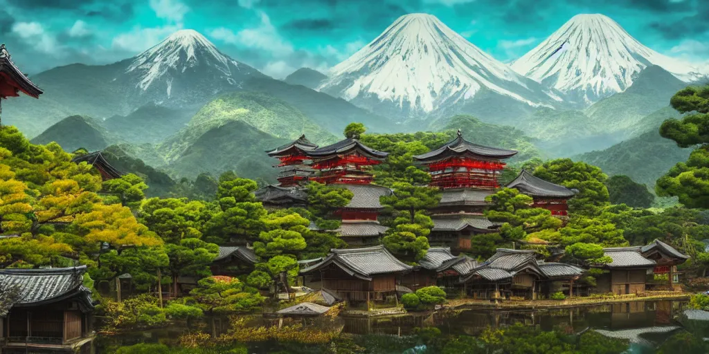 Prompt: japanese countryside with mountains and old buildings, fantasy style, ghibili, whimsical, 4 k