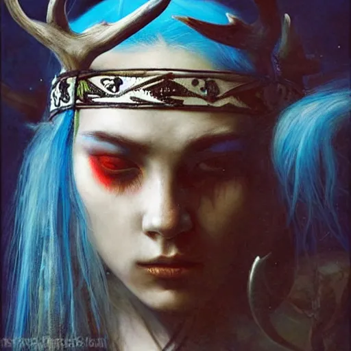 Image similar to A young female shaman blindfolded, blue hair and antlers on her head, blindfolded, heilung, made by karol bak