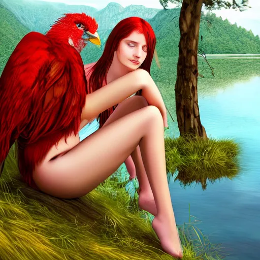 Prompt: Harpy, young woman, red feathered wings, bird legs, wearing Inka clothes, sad expression, sitting at a pond, mountainous area, trees in the background, trending on artstation