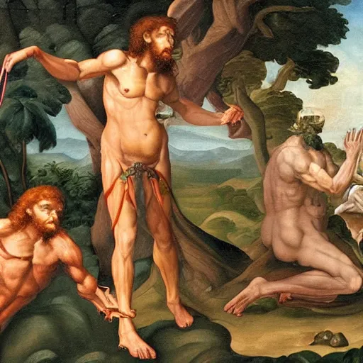 Prompt: Close-up of God being angry in the Garden of Eden. Adam and Eve look very guilty and the snake is leaving the scene quietly - anatomically correct, hyperrealistic