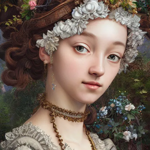 Image similar to A masterpiece ultrarealistic ultradetailed portrait of a Incredibly beautiful maid baroque renaissance girl with Giant shinig Diamond in the forest. medium shot, intricate, elegant, highly detailed. trending on artstation, digital art, by Stanley Artgerm Lau, WLOP, Rossdraws, James Jean, Andrei Riabovitchev, Marc Simonetti, Yoshitaka Amano. background by James Jean and Gustav Klimt, light by Julie Bell, 4k, porcelain skin.