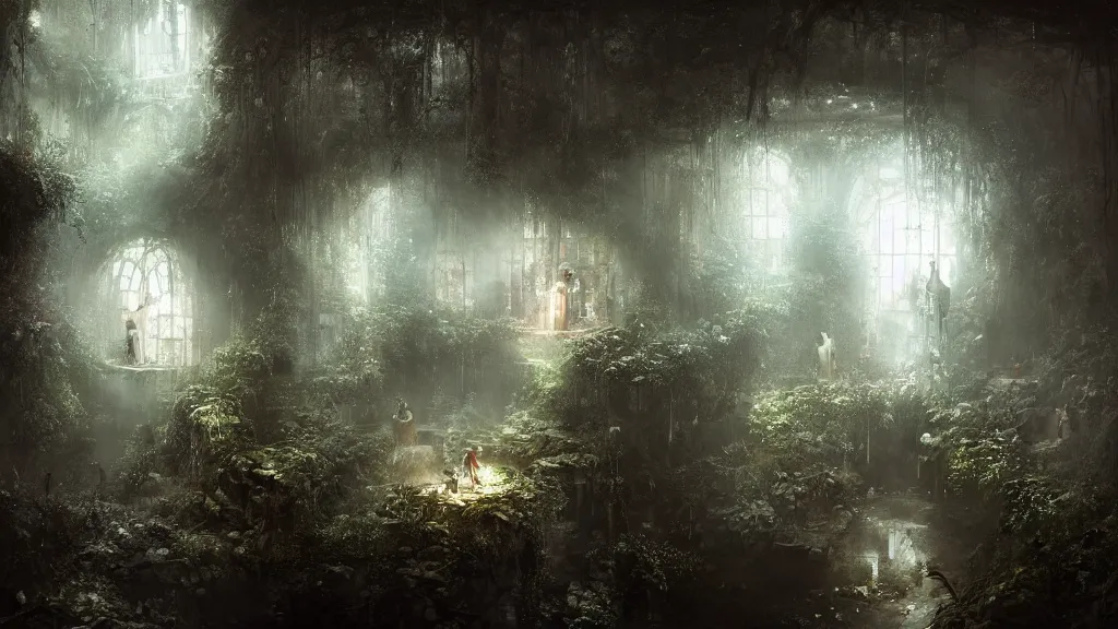 Prompt: hidden underground is a tiny, secret garden. andreas achenbach, artgerm, mikko lagerstedt, zack snyder, tokujin yoshioka