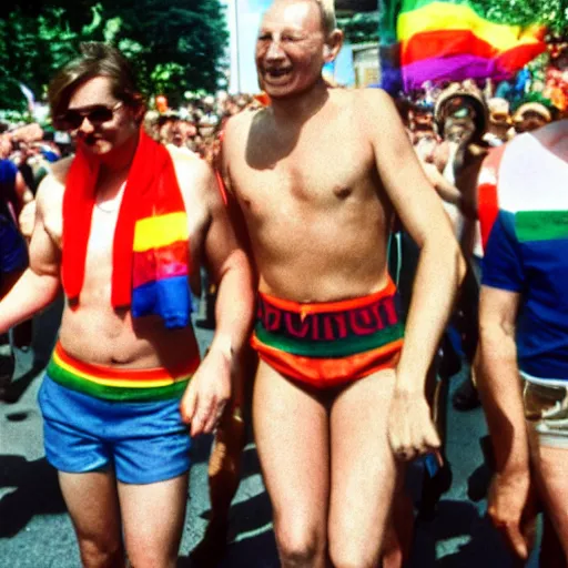 Prompt: photo of putin wearing short shorts in gay pride parade, cinestill, 800t, 35mm, full-HD