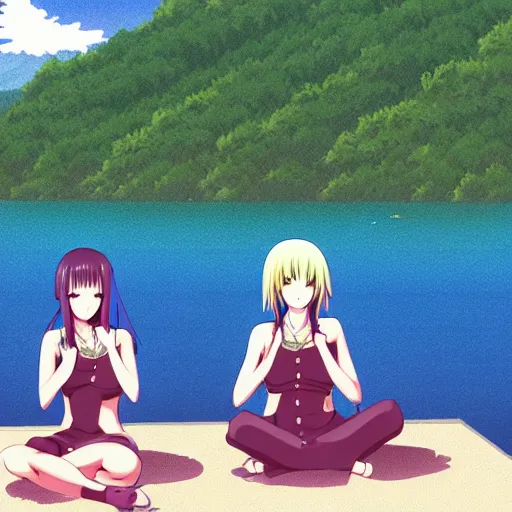 Prompt: two lesbian girls smoking hemp in front of a lake in the style of anime, pixiv, intricate, elegant, highly detailed, lush, stylized, japanese, smooth