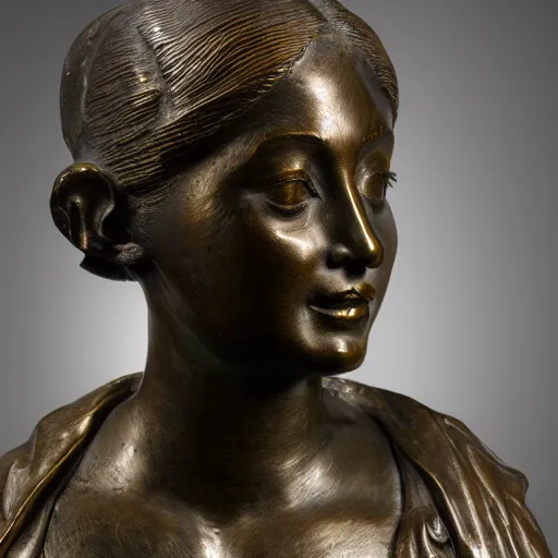 Image similar to detailed photo of an old bronze patina statue of a woman bust, intricate detail, museum lighting