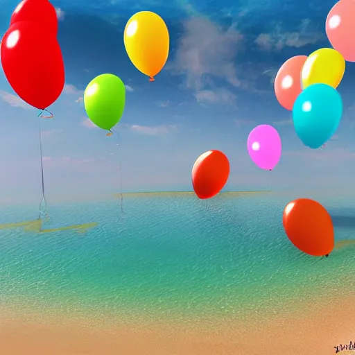 Image similar to a lot of floating birthday balloons. beautiful beach in bretagne. digital art, highly - detailed, artstation cgsociety masterpiece