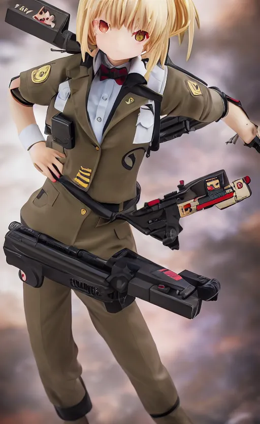 Prompt: toy photo, school uniform, portrait of the action figure of a girl, anime character anatomy, girls frontline style, collection product, dirt and smoke background, flight squadron insignia, realistic military gear, 70mm lens, round elements, photo taken by professional photographer, by shibafu, trending on instagram, symbology, 4k resolution, low saturation, empty hands, realistic military carrier