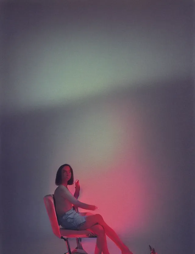 Image similar to woman in dark room sitting on a chair infront of tv, blue rays from tv, redshift, wide shot, coloured polaroid photograph, pastel, kodak film, hyper real, stunning moody cinematography, by maripol, fallen angels by wong kar - wai, style of suspiria and neon demon, david hockney, detailed, oil on canvas