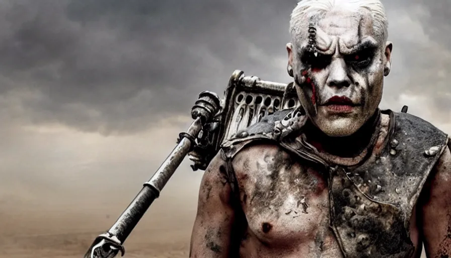 Prompt: MEDIOCRE! Immortan Joe from Mad Max Fury Road, movie still, sharp, highly detailed, hollywood movie