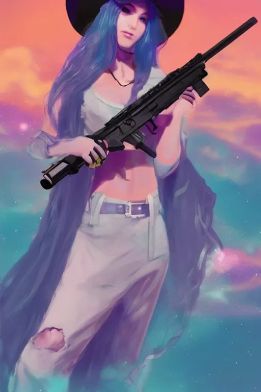 Image similar to Concept art of a beautiful space cowgirl holding a rifle. Vaporwave