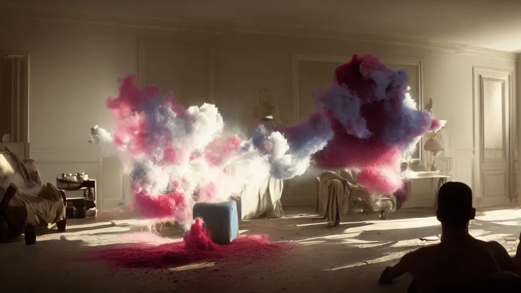 Image similar to colored powder explosion in the living room, film still from the movie directed by Denis Villeneuve with art direction by Salvador Dalí, wide lens