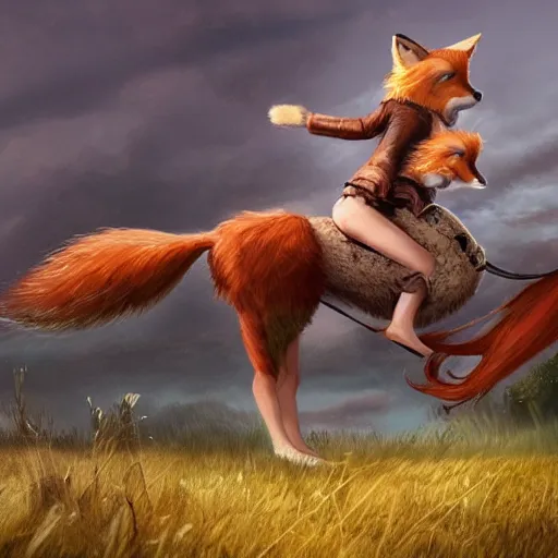 Prompt: girl riding a giant fox in a field, trending on artstation