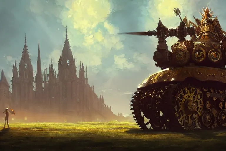 Image similar to a mobile driving ornate cathedral church mounted on a tank with chain drive, warhammer 4 0, scene in an open field. key visual, conceptart, ambient lighting, highly detailed, digital painting, artstation, concept art, sharp focus, by makoto shinkai and akihiko yoshida and kris kuksi