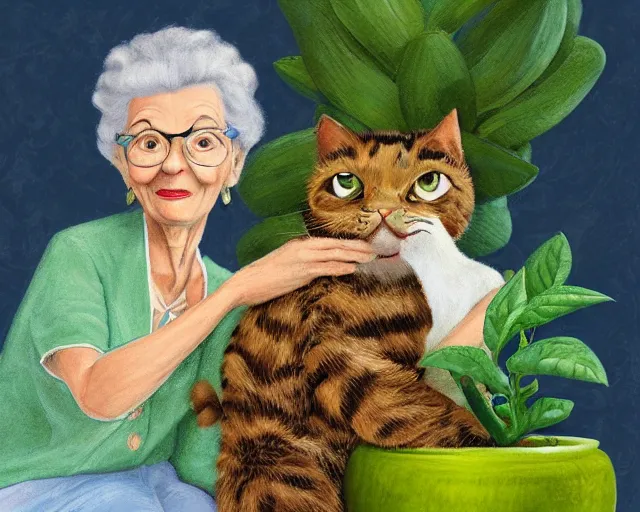 Prompt: detailed portrait of a nice old lady and her plant cat, pixar, sharp high quality