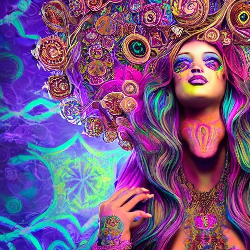 Prompt: psychadelic witch, beautiful face, hyper detailed, flowing psychadelic background intricate and detailed, ornate 8 k gorgeous intricate detailed, octane render