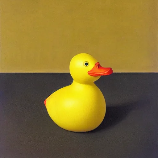 Prompt: portrait of a yellow rubber duck by rene magritte, oil on canvas. - n 9
