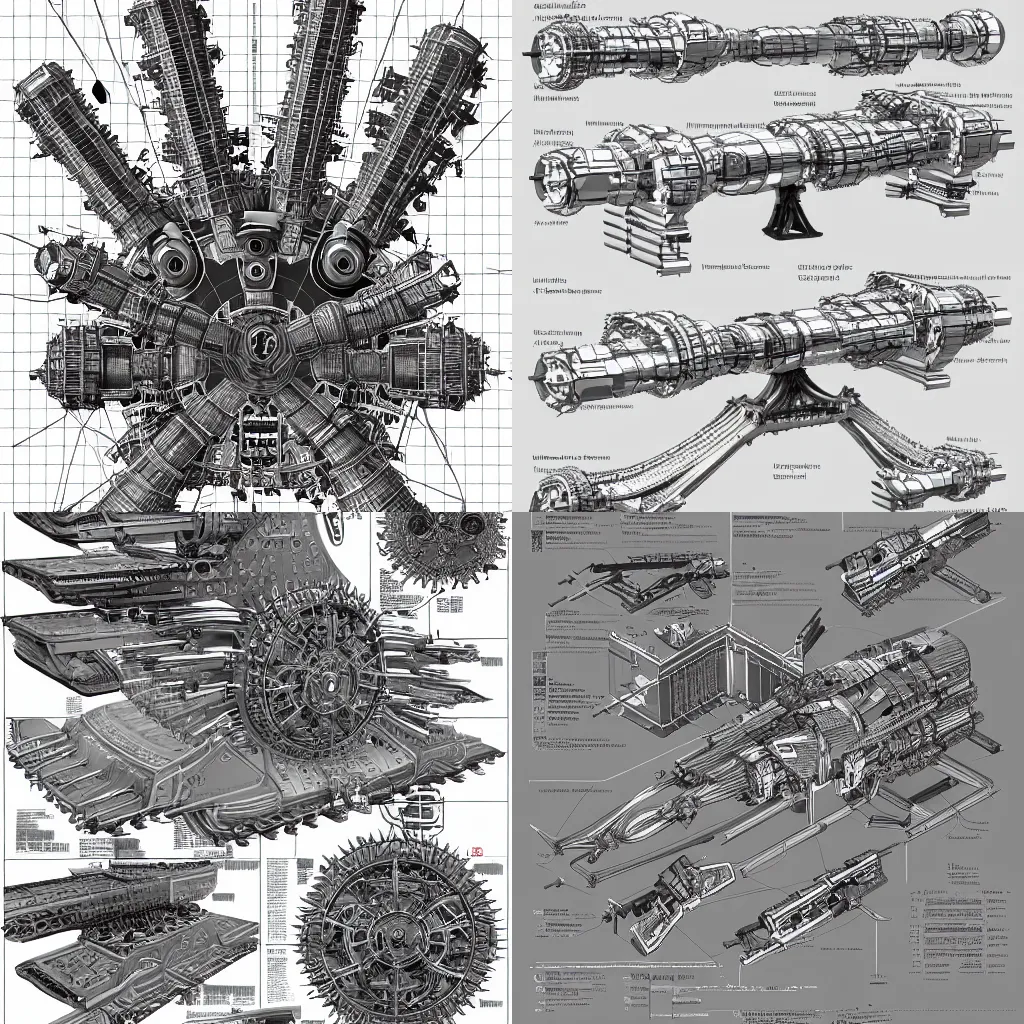 Prompt: aesthetically pleasant technical drawing of an open - source nuclear weapon machinery, hyperdetailed, complex, intricate, amazing, breathtaking, explosive, exploded view!!, 4 k, trending on artstation