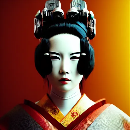 Prompt: japanese geisha robot android portrait, kabuki mask, cyberpunk, minimalistic in the style of ash thorp, beautiful, cinematic lighting, octane renderer, unreal engine 5