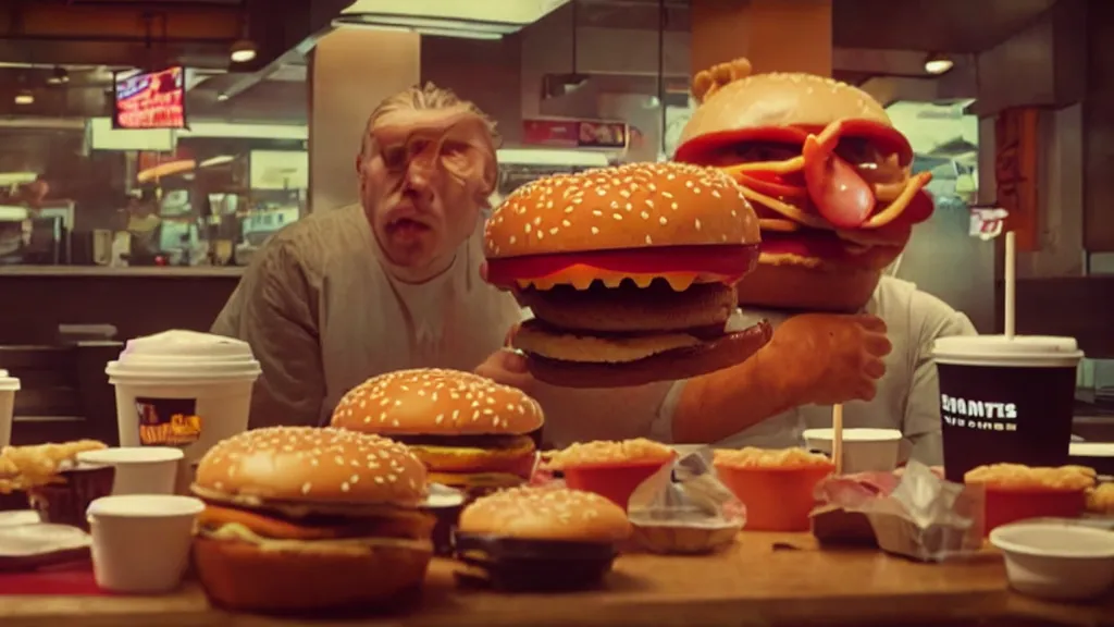 Image similar to the giants cheeseburger monster at the fast food place, film still from the movie directed by denis villeneuve and david cronenberg with art direction by salvador dali, wide lens