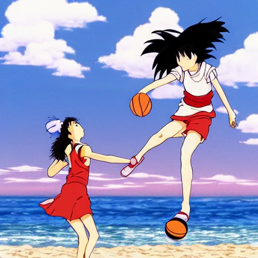 Prompt: ghibli anime portrait of young girl playing basketball on beach